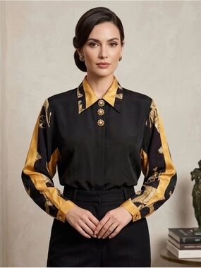 Sandro Black and Gold Satin Button-Down Blouse